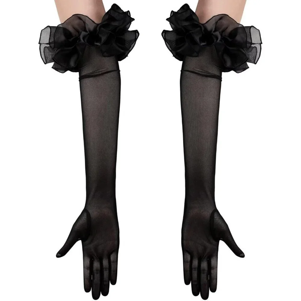 Women's Long Burgundy Ruffle Puff Cuff Sleeve Mesh Gloves Wedding Party Costume
